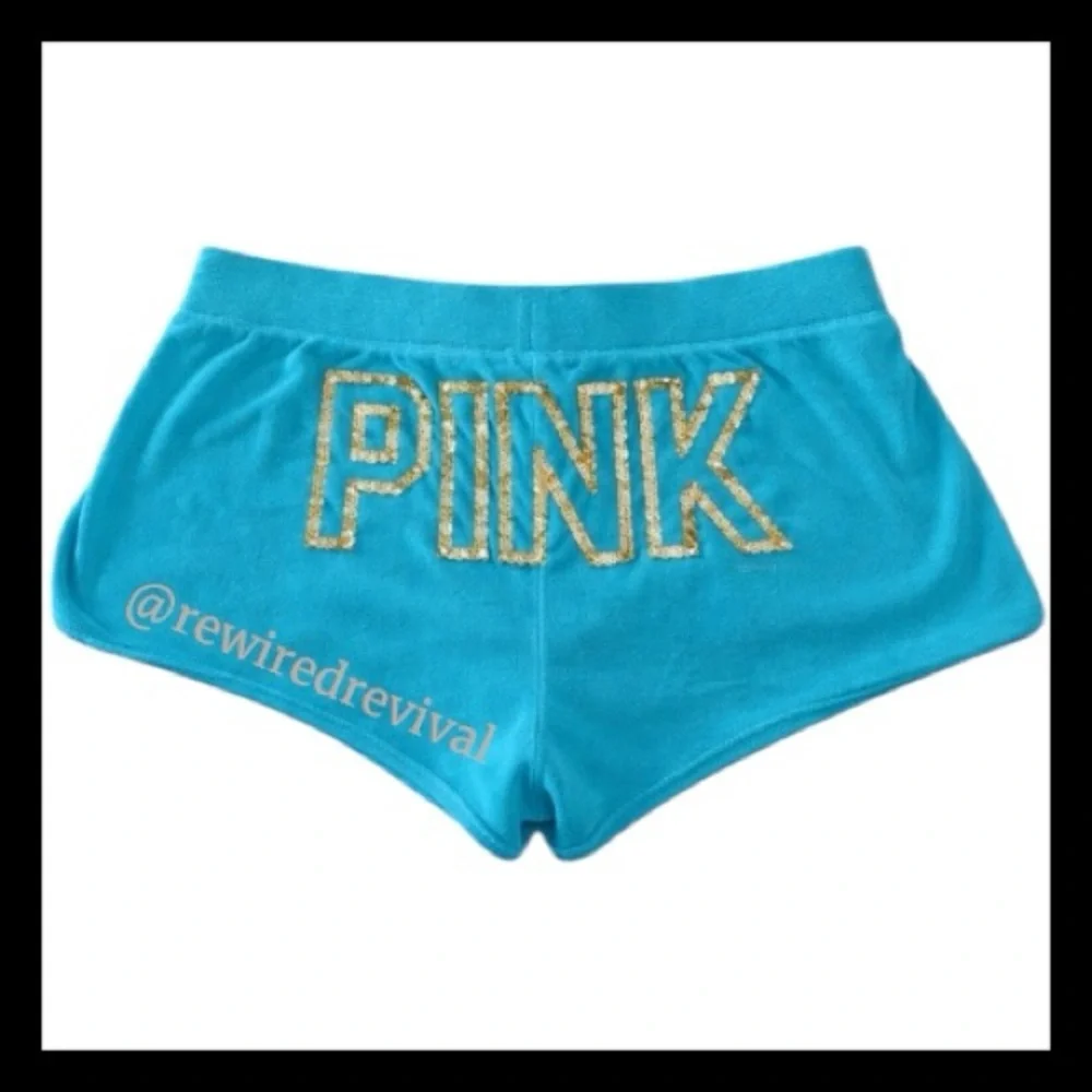 πVintage Victoria's Secret PINK 2012 Turquoise Velour Gold Sequin Short Set M/Sπ - Picture 7 of 8